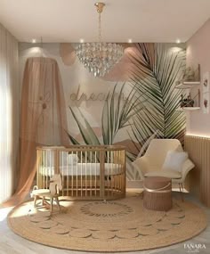 a baby's room with a crib, chair and chandelier in it