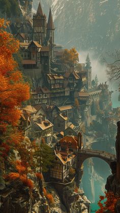 an image of a mountain town in the middle of autumn with trees and mountains surrounding it