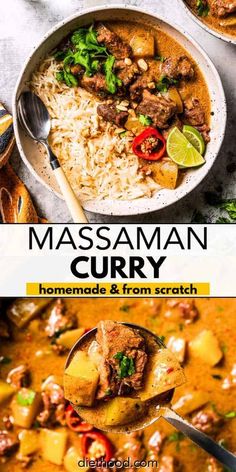 two pictures showing different types of food and the words massaman curry on top of them