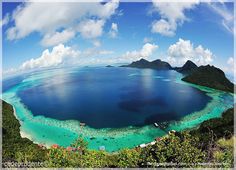 an aerial view of a tropical island with clear blue water and green trees in the foreground