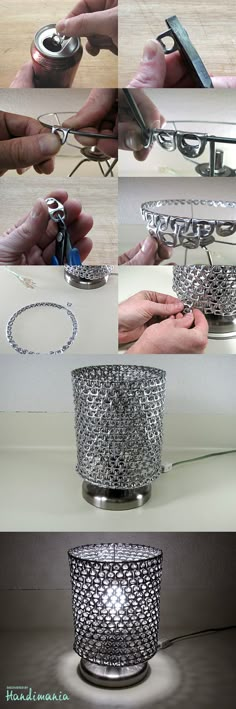 several pictures of different types of jewelry being made with scissors and chains on a table