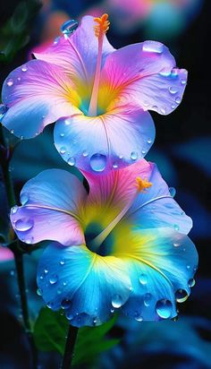 two blue and pink flowers with water droplets on them