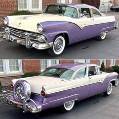 two pictures of an old car in different stages of being painted purple and white with chrome rims