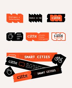 some type of stickers with different types of words on them, all in orange and black