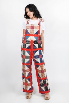 One-of-a-Kind. Made from a vintage 19th C. cotton hand-tied quilt. The quilt is a thin, quilt, and the hand tied yarn has been left intact. + + + + + The Delta Overalls are a step-in style overall and have ties on the shoulders for an adjustable fit for any length torso. Wide legs and relaxed fit. Pockets, of course. Unlined, to preserve the perfect existing interior color. + + + + + S I Z E US Medium Opening 17.5" Waist 36" Hip 45" Inseam 26.5" Length from front bib top (not including straps) 5 Sewing Costumes Women, Quilted Clothing Patterns, Quilt Overalls, Quilted Outfit, Quilted Overalls, Quilted Jumpsuit, Quilted Fashion, Quilt Clothes