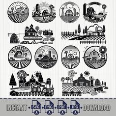 an image of farm scenes in black and white with the text instant clip art set