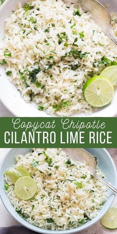 two bowls filled with rice and limes on the side, next to each other