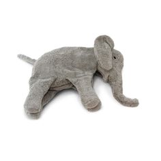 an elephant stuffed animal laying on top of it's back with its eyes closed