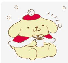 a cartoon dog with a mug in its lap, wearing a santa hat and scarf