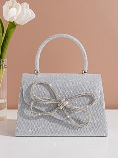 $12.81 Prom Bag, Prom Purse, Desain Buklet, Bridal Purse, Rhinestone Top, Glitter Decor, Silver Bags, Rhinestone Bow, Glitter Bow