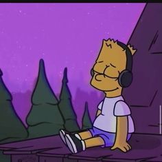 a cartoon character with headphones on sitting in front of some trees and looking at the sky