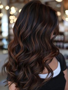 Balayage For Chocolate Brown Hair, Black With Chocolate Balayage, Darker For Fall Hair, Highlighted And Lowlighted Hair, No Bleach Dark Hair Color, Caramel Balayage Brunette Dark, Balayage Colors For Dark Hair, Chocolate Brown Balayage On Dark Hair, Dark Brunette Hair With Balayage