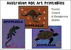 three different australian dot art printables, one with a lizard and the other with a turtle