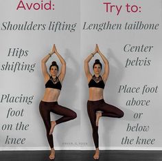 two women doing yoga poses in front of a sign that says avoid try to shoulders lifting