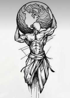 a drawing of a man holding the world on his shoulders with one arm in the air