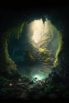 a dark cave with stairs leading into the water and plants growing out of it's sides