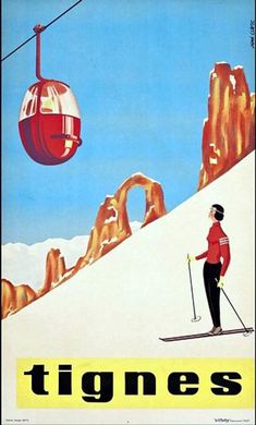 an advertisement for tigness skis with a skier in the foreground and a gondola above it