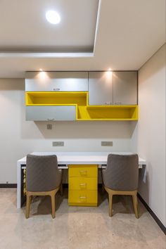 two chairs sitting in front of a yellow desk