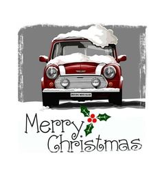 an old fashioned car with a christmas message on it's front end and the words merry