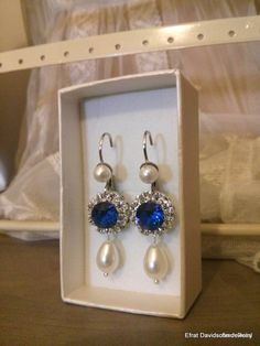 Blue Sapphire Silver Crystal Drop Earrings Drop Pearl Blue | Etsy Unique Wedding Earrings, Blue Bridal Earrings, Something Blue Bridal, Blue Sapphire Necklace, Blue Bridal, Blue Gift, Swarovski Earrings, Earrings Drop