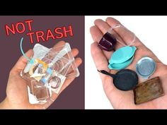 two pictures with different items in them and one has a plastic container on it that says not trash