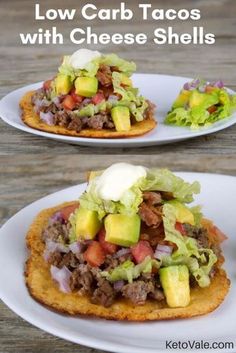 low carb tacos with cheese shells and avocado on top are shown