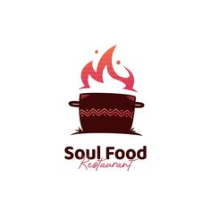 the logo for soul food restaurant, which is designed to look like a pot with flames on