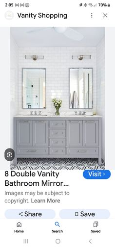 a bathroom with two sinks and mirrors on the wall next to each other in an ad for vanity shopping