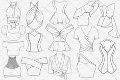 an image of paper doll clothes with bows on the front and back, all in different styles