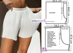 a woman in white shorts with measurements for the bottom and side part of her skirt