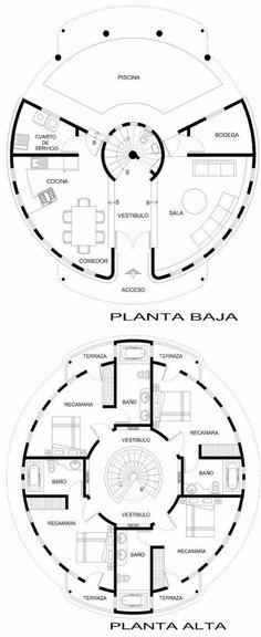 two plans for a circular house with an open floor plan