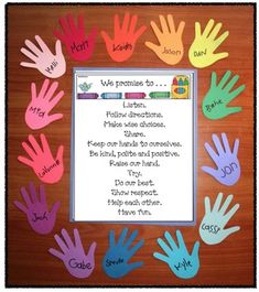 a bulletin board with colorful handprints and writing on the front, along with words that spell out their names