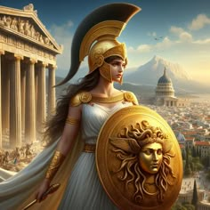 a painting of a woman dressed in ancient greek garb and holding a golden shield