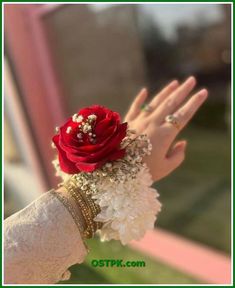 a woman's hand holding a red rose and white flowers