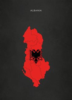 a black and red poster with an image of the state of albania on it's map