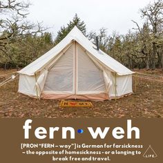 a tent with the words fern weh on it and an image of trees in the background