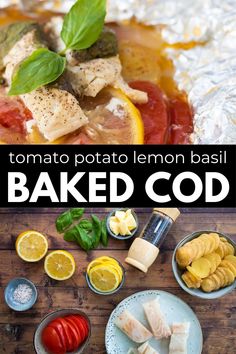 this is an image of baked food with lemons and basil on the side, along with other ingredients