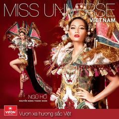 an advertisement for miss universe vietnam featuring two women in costumes with elaborate headdress