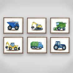 four framed pictures with different types of trucks and construction vehicles on them, one is blue the other is green