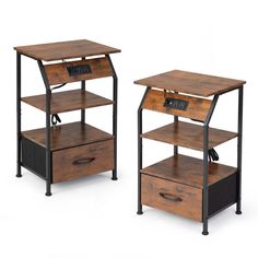 two wooden tables with drawers on each side and one shelf below the table has an open drawer