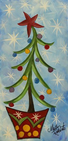 a painting of a christmas tree in a red hat with stars on the top and bottom