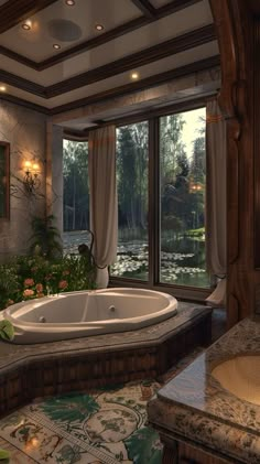 a bathroom with a large jacuzzi tub next to a window