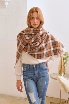 -Plaid scarf-Multicolored stripes-27.55" x 70.86"-100% Polyester Brown Casual Shawl Scarves, Casual Brown Shawl Scarf, Casual Brown Scarf For Fall, Cotton Shawl Scarves For Fall, Brown Cotton Scarves For Fall, Cotton Scarves For Fall, Scarf Blanket, Fall Scarf, Statement Scarf