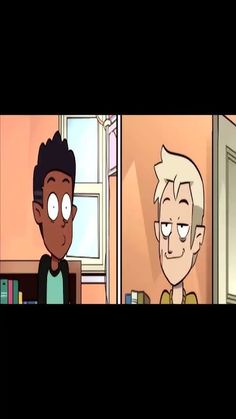 two cartoon characters are talking to each other in front of a window with the door open