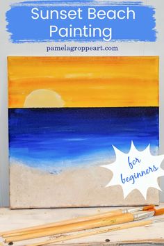 an easy sunset beach painting for beginners with paintbrushes and watercolor pencils