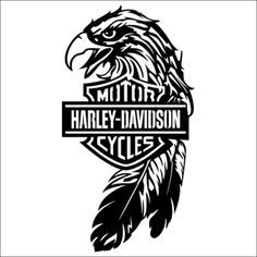 the logo for harley davidson cycles is shown in black and white, with an eagle's head on it