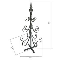 a metal christmas tree is shown with measurements for the top and bottom branches on it