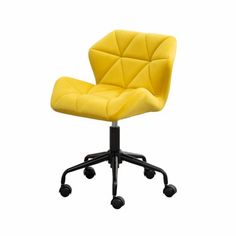 a yellow office chair with wheels and casteors on an isolated white background, front view