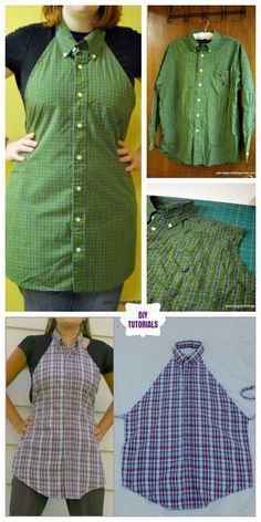 several pictures of different types of shirts and pants with buttons on the front, one is green