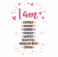 the words i am are written in different colors and font on top of each other